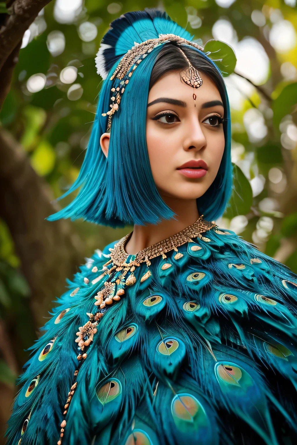 Hansika Motwani is a peafowl, she is real peafowl Bird. Mutant peafowl. peafowl transformation. peafowl body with female head. She is a bird. Real peafowl bird. Head with bird body. Create this beautiful creature or bird. High Definition, high quality picture.