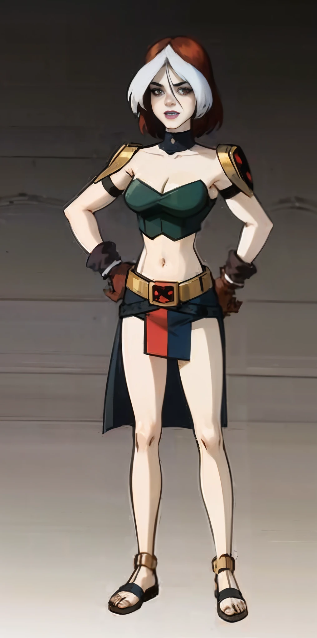 ((BLACK BACKGROUND,1:2, masterpiece)) full body MILF BIMBO standing with two long thighs and two metal sandals, red eyes, two-tone hair, brown hair, silver white hair, short bob style hair, big breasts, cleavage, separate sleeves, tiara royal, long cape up to two feet, yellow bikini, hands on waist, navel, toned body, lustful smirking smiling, smile face (red blushed, red cheeks), metal shoulders, gold sleeveless armbands, black leather choker slave collar (leather choker with big golden bell), shackle bracelets, red crest, pauldrons, breastplate, leather corset, eye focus, full body, whole body, 1solo, loincloth standing, hands on hips, big belt, view from below, feet together, bracers, tiara)