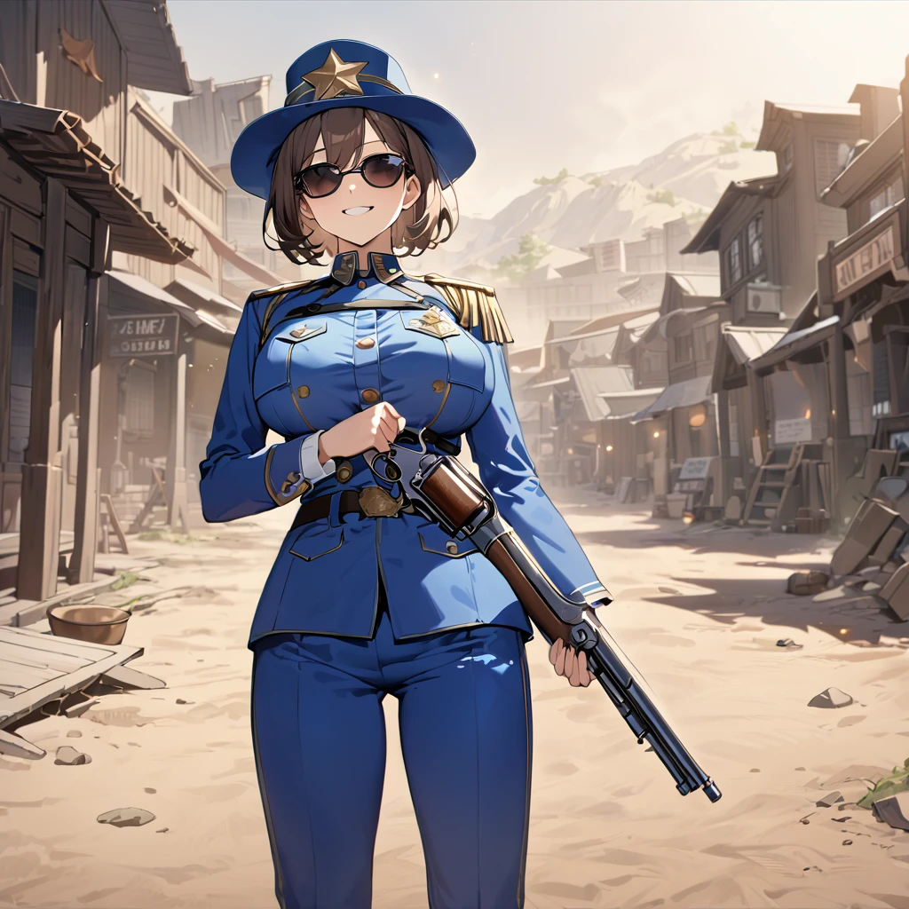 A woman wearing a blue sheriff's uniform, blue pants, blue jacket, blue cowboy boots, blue military hat, sunglasses, smiling, holding a traditional sheriff's revolver, standing on dirt ground in a western town classic, dust background, brown hair, short hair, big breasts, daytime location,UHD , prime work , accurate , anatomically correct , textured skin , super details , high quality , best quality, 8k, high resolution, bokeh effect. (woman alone),
