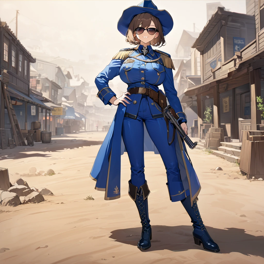 A woman wearing a blue sheriff's uniform, blue pants, blue jacket, blue cowboy boots, blue military hat, sunglasses, smiling, holding a traditional sheriff's revolver, standing on dirt ground in a western town classic, dust background, brown hair, short hair, big breasts, daytime location,UHD , prime work , accurate , anatomically correct , textured skin , super details , high quality , best quality, 8k, high resolution, bokeh effect. (woman alone),
