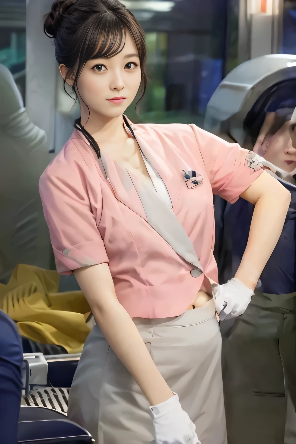 (masterpiece:1.2, Highest quality:1.2), 32k HDR, High resolution, (alone、1 girl)、（On the rooftop of a building in the daytime、Professional Lighting）、Building rooftop background、（Nankai train crew uniform pinkを着たリアルスタイル）、（Nankai train crew uniform pink short sleeve collarless pink jacket、Nankai Train Crew Uniform Pink Collarless Short Sleeve Blouse、Nankai Train Crew Uniform Pink Grey Knee-length Culottes）、（（The bottom of the pink short-sleeved jacket cannot be tucked into the clay-colored culottes.））、Dark brown hair、（Hair tied up、Hair Bun、Hair Bun）、Dark brown hair、Long Shot、Big Breasts、Thin legs、（（Great hands：2.0）），（（Harmonious body proportions：1.5）），（（Normal limbs：2.0）），（（Normal finger：2.0）），（（Delicate eyes：2.0）），（（Normal eyes：2.0））)、（Nankai Train Crew Uniform Pink Grey Knee-length Culottesを見せた美しい立ち姿）、smile