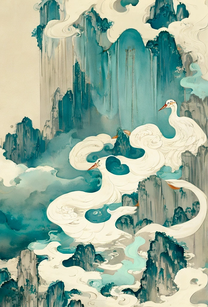 宋代壁painting,Zen,Cyan light beige,Chinese eaves,white crane,Rolling mountains in the distance,painting,Ultra-fine details,Fine style,Quiet and elegant,New Chinese,山水painting,Symmetrical composition