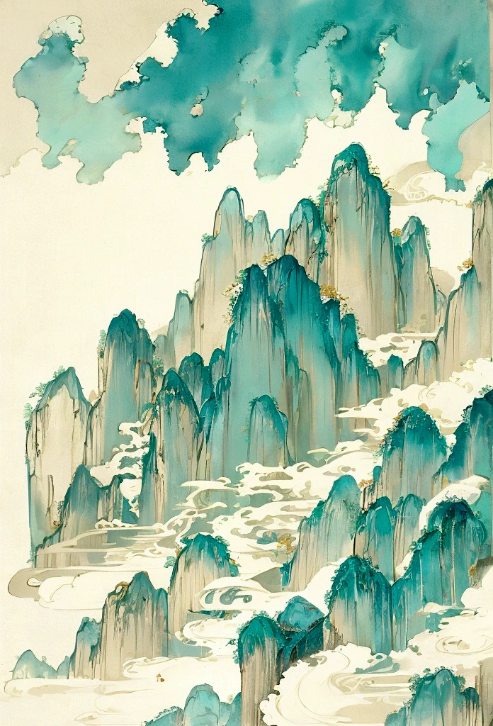 宋代壁painting,Zen,Cyan light beige,Chinese eaves,white crane,Rolling mountains in the distance,painting,Ultra-fine details,Fine style,Quiet and elegant,New Chinese,山水painting,Symmetrical composition
