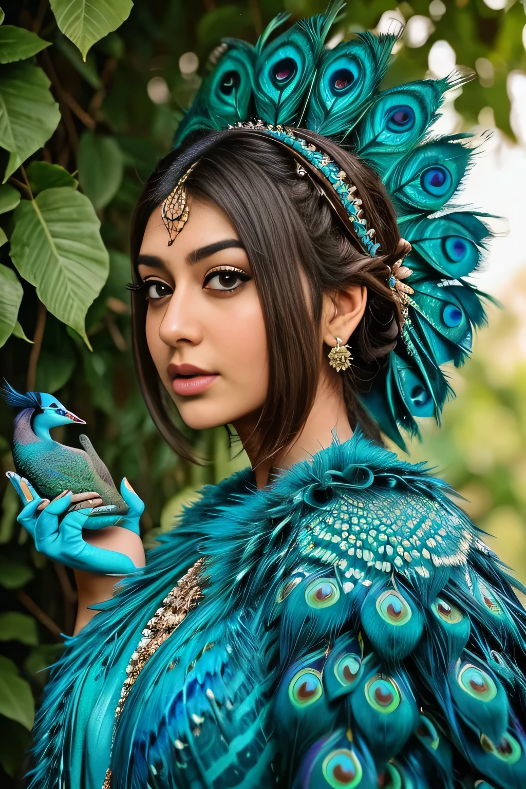 Hansika Motwani is a peafowl, she is real peafowl Bird. Mutant peafowl. peafowl transformation. peafowl body with female head. She is a bird. Real peafowl bird. Head with bird body. Create this beautiful creature or bird.