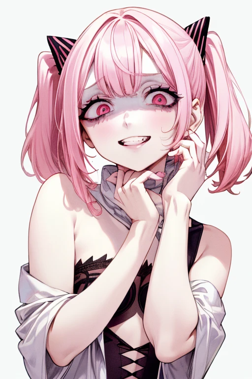 (masterpiece:1.2, Highest quality), (Actual Photos, Intricate details), (1 female, alone, Upper Body, Small breasts) ，whole body，Clothes：underwear：Shave your head、Pink Hair、Twin tails、Bold hair color、whole bodyに切り傷、Wicked Smile、Crazy Eyes、（Grin）Dramatic makeup，Unconventional fashion choice behavior：traitor、Disobedient、Create mixed media art、White background