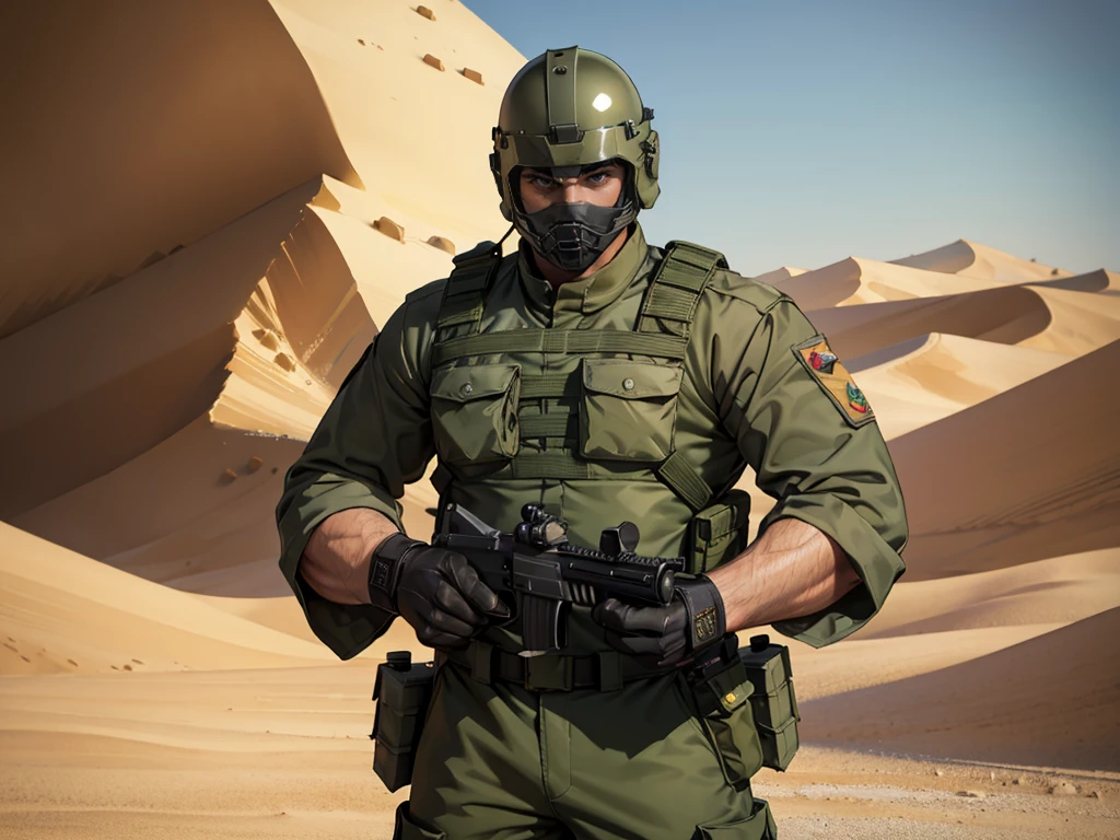 olive green armed guard with helmet and riot shield looking angry at me