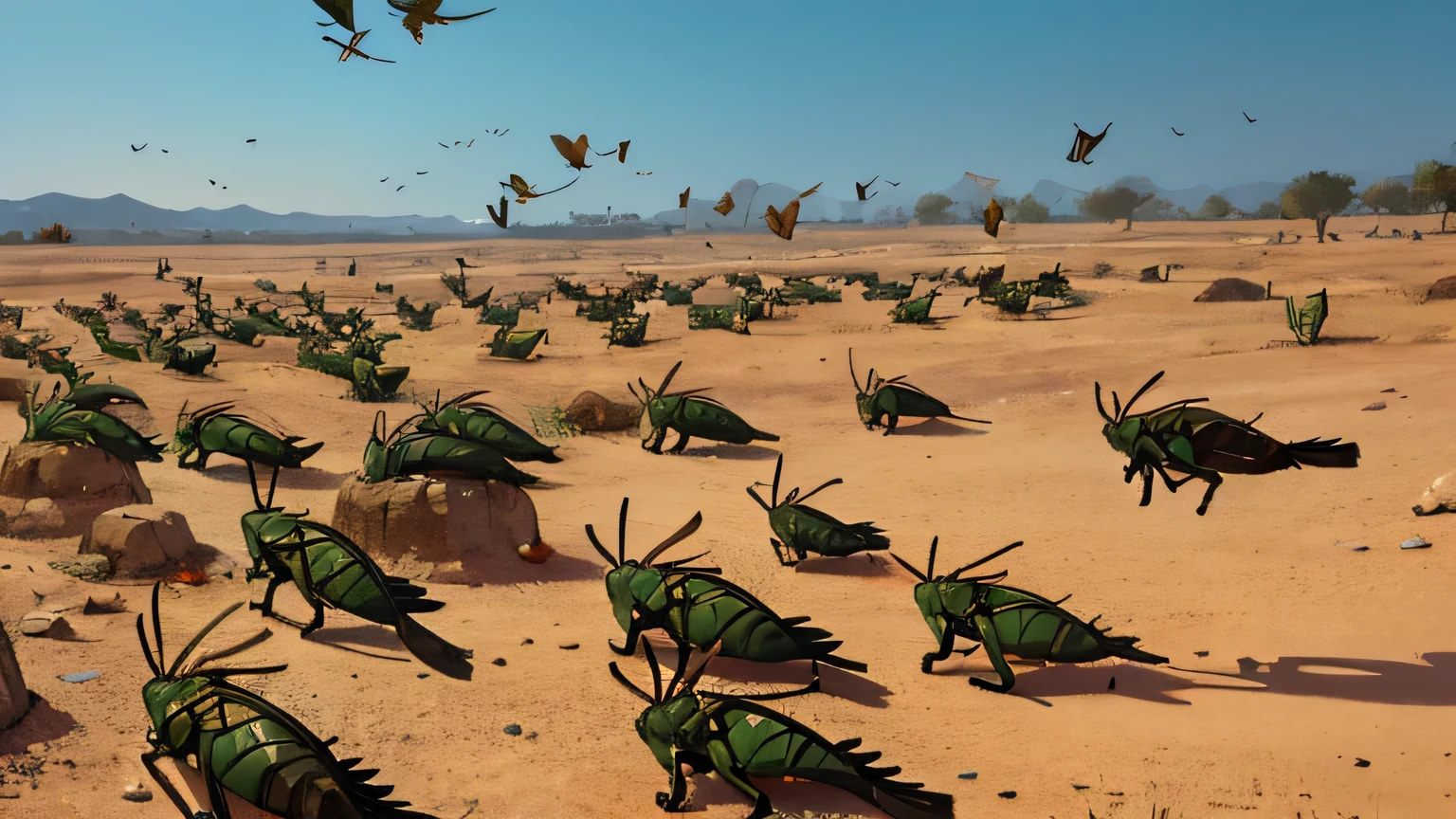 Hundreds of grasshoppers and locusts flying in ancient Israel from the 1st century BC