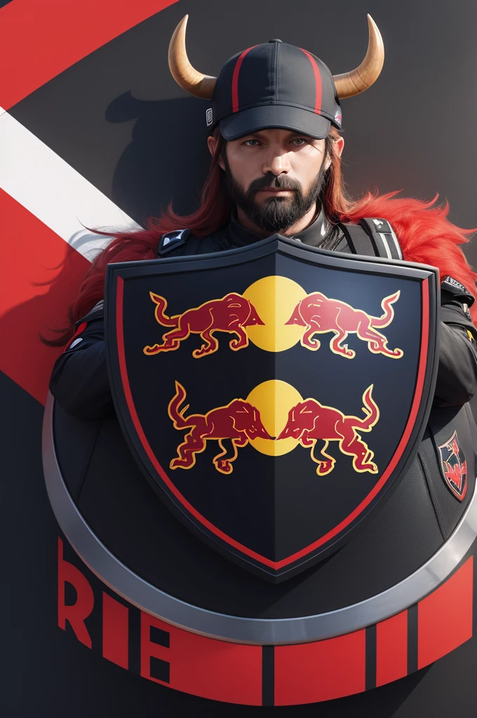 Make a shield with red and black colors in png with the word RED BULL with the year 2024 and a buffalo