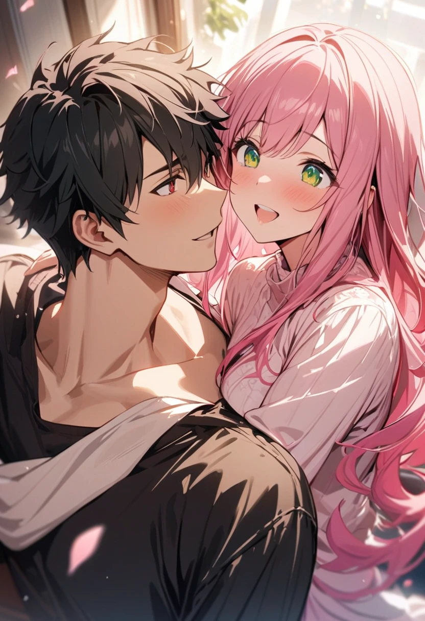 (couple), girl and boy, 1boy, 1girl, (girl with red eyes, vibrant pink long hair), (boy with green eyes, short black curly hair), intimate, rich in detail, happy expression, love, long shot, wide angle, (masterpiece, best quality, aesthetic, heavenly)
