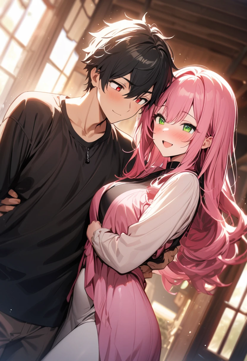 (couple), girl and boy, 1girl, (girl with red eyes, vibrant pink long hair), 1boy, (boy with green eyes, short black curly hair), intimate, rich in detail, happy expression, love, long shot, wide angle, (masterpiece, best quality, aesthetic, heavenly)
