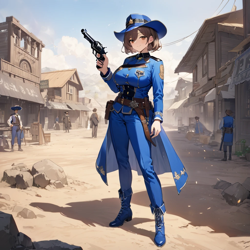 A woman wearing a blue sheriff's uniform, blue pants, blue jacket, blue cowboy boots, blue military hat, sunglasses, smiling, holding a traditional sheriff's revolver, standing on dirt ground in a western town classic, dust background, brown hair, short hair, big breasts, daytime location,UHD , prime work , accurate , anatomically correct , textured skin , super details , high quality , best quality, 8k, high resolution, bokeh effect. (woman alone), view close.
