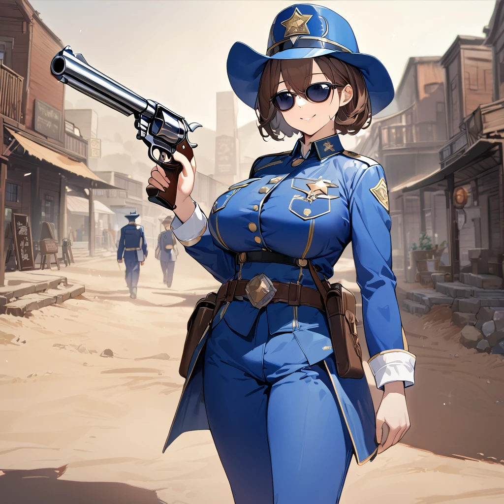 A woman wearing a blue sheriff's uniform, blue pants, blue jacket, blue cowboy boots, blue military hat, sunglasses, smiling, holding a traditional sheriff's revolver, standing on dirt ground in a western town classic, dust background, brown hair, short hair, big breasts, daytime location,UHD , prime work , accurate , anatomically correct , textured skin , super details , high quality , best quality, 8k, high resolution, bokeh effect. (woman alone), view close.
