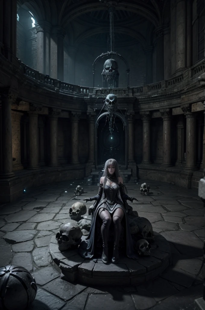 cenario, 3d, high qualiy, full hd, of a dungeon, dove, At the center, her to a throne, and the place, full of bugs, most of the infections are skulls and dead monsters, the set, and monstrous and, Gothic, without even a person in the image, no umanoids in the images.