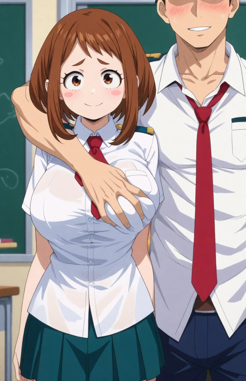 score_6_up, best quality, anime screencap, 1girl, ochako uraraka, brown eyes, brown hair, short hair, big breast, embarrassed_female, blushing_female, student, uniform, white shirts, skirt, red tie, looking at viewer, standing, from front, 1boy, faceless male, male face out of frame, size difference, grabbing breast from behind, arm over shoulder, smiling_male