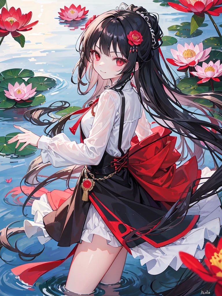 , red eyes, long wavy curry black hair, ???. Wear a flower-shaped hairpin on only one side. Her hair is tied on the side. noble western castle. arrogant ??? sadistic smile. noble lady. background in lake water lily. she just a kid. wear western outfit.