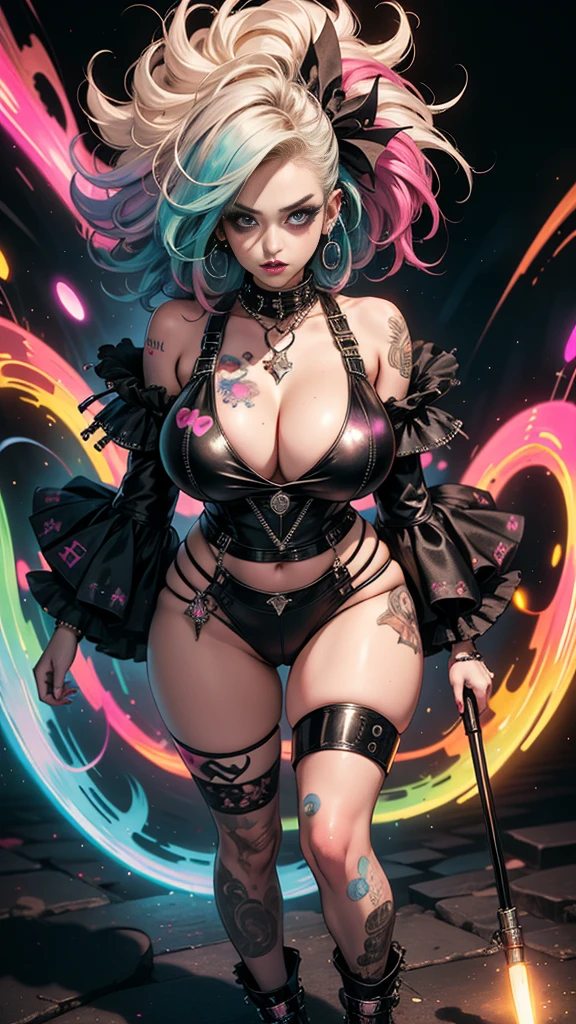 (masterpiece, top quality, best quality, official art, beautiful, cosmic, atmospheric, psychedelic, dreamlike and aesthetic, swirling psychedelic cosmic graffiti patterns:1.2), (1girl), extreme detailed,(fractal art:1.3),colorful,highest detailed, "(Best Quality, 8K, 32K, masutepiece:1.3), Ultra-detailed, (Photorealistic:1.4), pink and white colors, perfect color scheme, albino, Punk rock Girl, Detailed moonlight eyes, full body portrait, Luxurious neon white punk hair, Edgy Harajuku-inspired punk rock fashion, super huge enormously gigantic tits, cleavage showing, Avant-garde makeup, Numerous piercings, Heavily tattooed body, swirling psychedelic cosmic dreamlike graffiti pattern background
