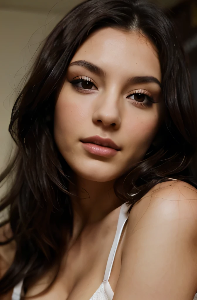 brunette woman, eyes black, age 25, blackquality hair, average beauty, medium size nose, seductive look
