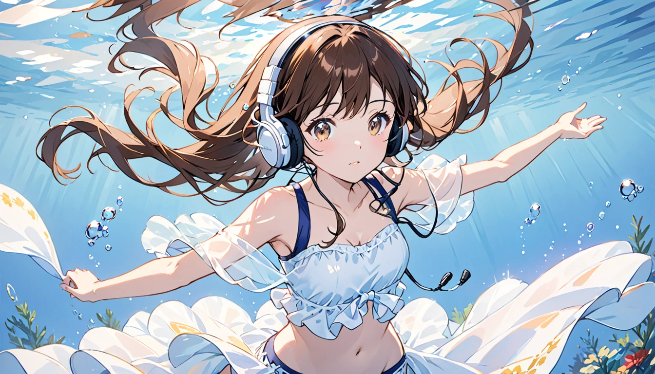 Girl wearing headphones,Brown Hair,One girl,Sparkling underwater,Swimwear with less exposure