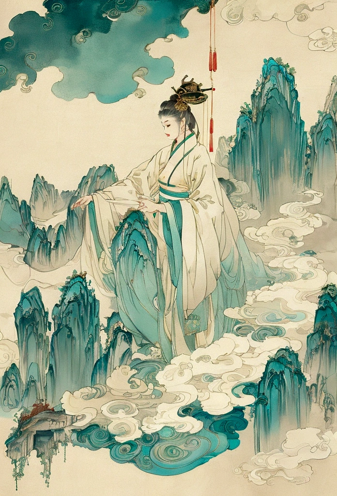宋代壁painting,Zen,Cyan light beige,Chinese eaves,white crane,Rolling mountains in the distance,painting,Ultra-fine details,Fine style,Quiet and elegant,New Chinese,山水painting,Symmetrical composition