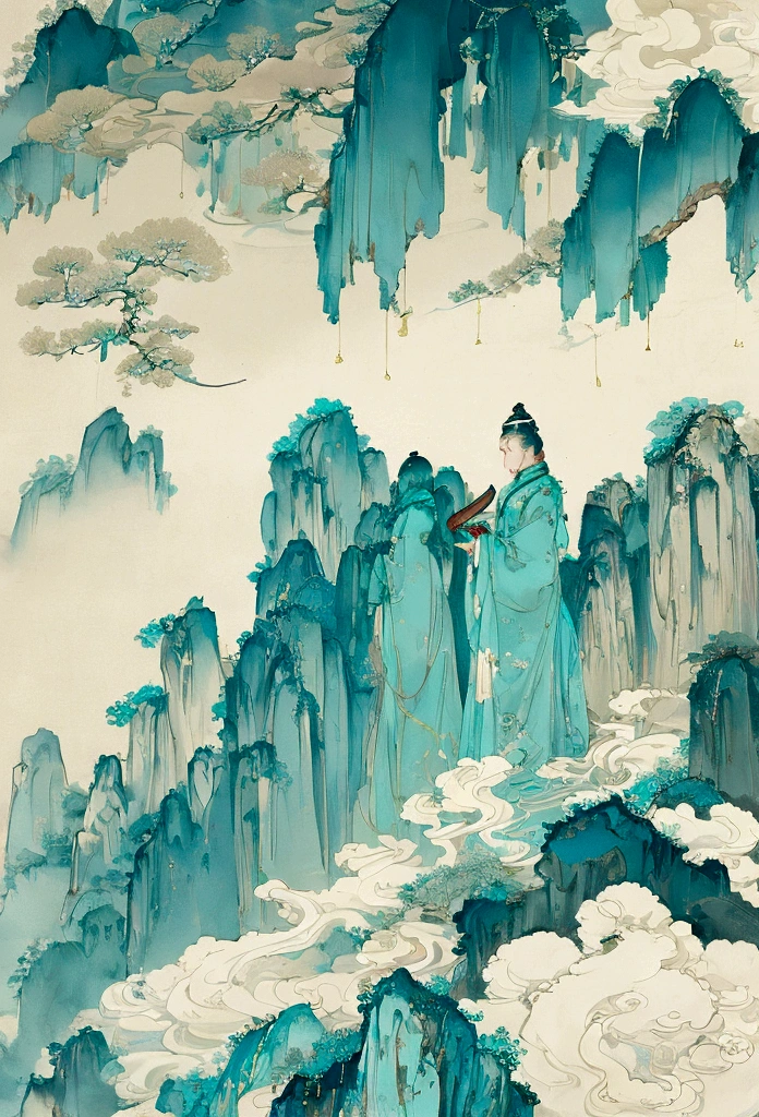 宋代壁painting，Zen，Cyan light beige，Chinese eaves，white crane，Rolling mountains in the distance，painting，Ultra-fine details，Fine style，Quiet and elegant，New Chinese，山水painting，Symmetrical composition
