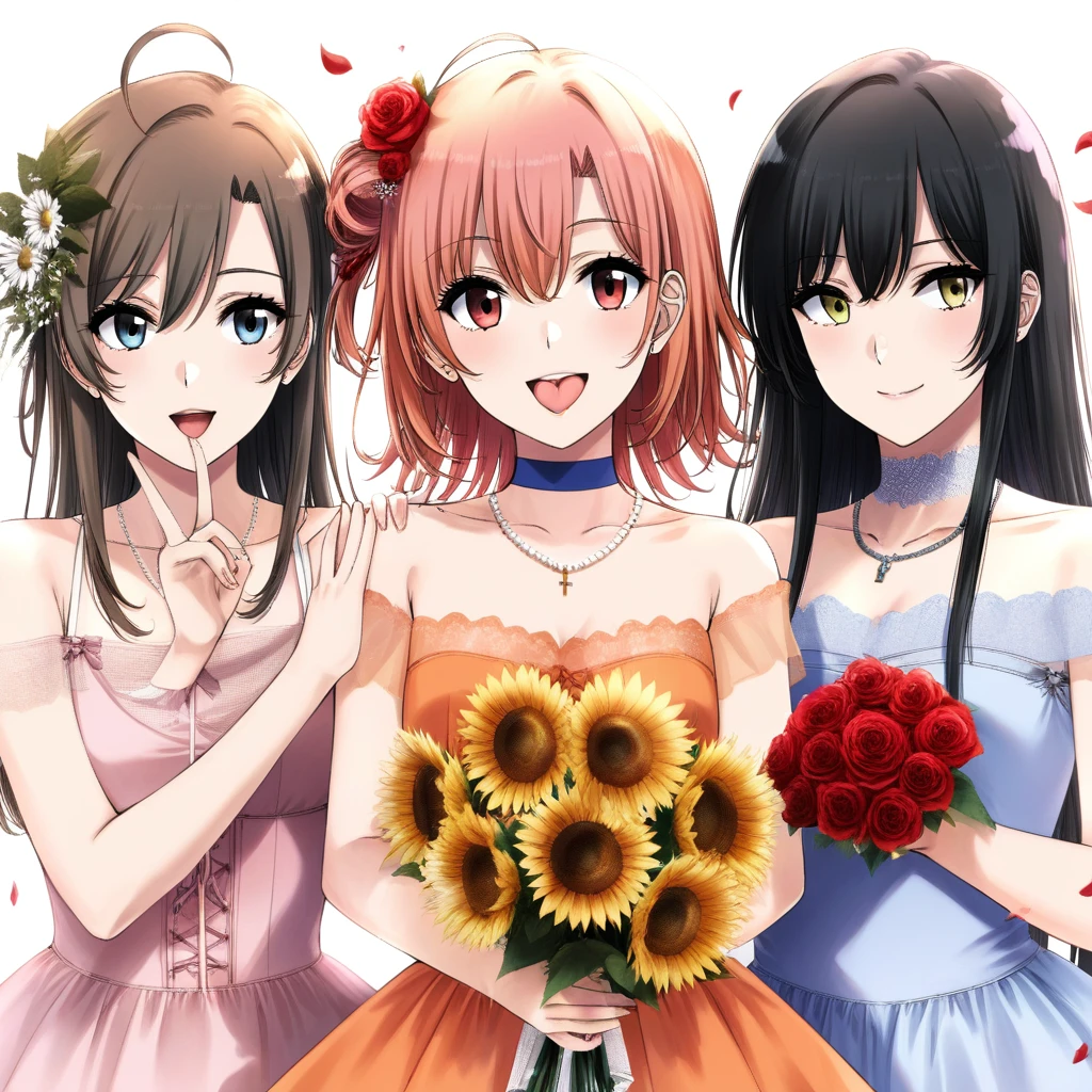 3girls, Xter, absurdres, official art, absurdres, yahari ore no seishun lovecome wa machigatteiru., isshiki iroha, yuigahama yui, yukinoshita yukino, :d, :p, ahoge, anniversary, bead necklace, beads, black hair, blue choker, blue dress, blue eyes, bouquet, breasts, brown hair, cel shading, choker, cleavage, closed mouth, cropped shirt, cross-laced clothes, cross-laced dress, dress, eyelashes, falling petals, fingernails, flower, flower-trimmed dress, golden rose, hair between eyes, hair flower, hair ornament, hand on own shoulder, hand up, holding, holding bouquet, index finger raised, jewelry, lace, lace choker, layered dress, long bangs, long hair, looking at viewer, medium hair, multiple girls, necklace, off-shoulder dress, off shoulder, ok sign, open mouth, orange dress, petals, pink dress, pink hair, red eyes, red flower, red rose, rose, see-through dress layer, sideways glance, smile, straight-on, straight hair, sunflower, swept bangs, teeth, tongue, tongue out, upper teeth only, white background, white dress, white flower, yellow eyes, ((very aesthetic, best quality, ultra detailed)), rating:safe
