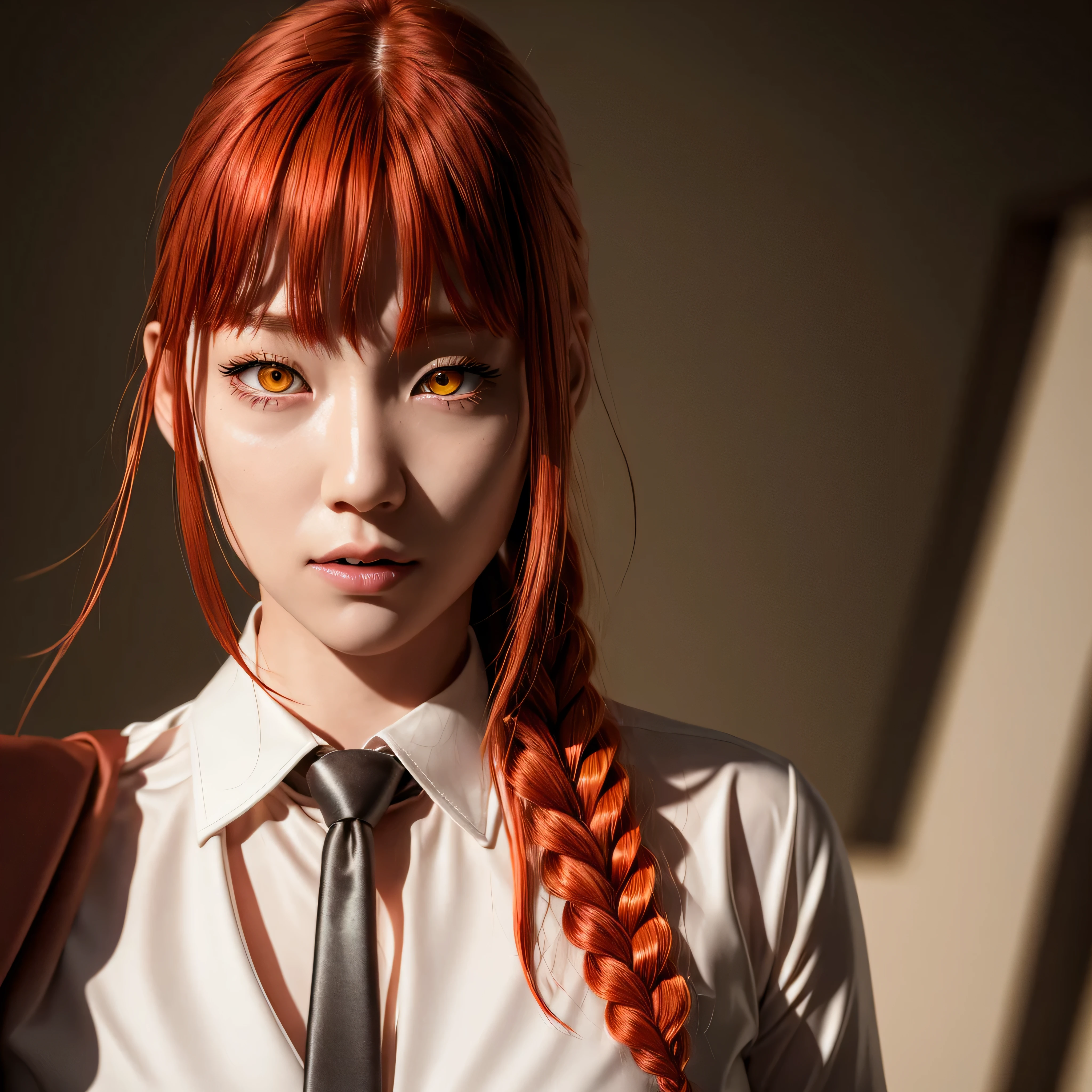 masterpiece, (photorealistic:1.4), best quality, beautiful lighting,
(ulzzang-6500:0.5), makima \(chainsaw man\), (red hair)+(long braided hair)+(bangs), yellow eyes, golden eyes, ((ringed eyes)), (white shirt), (necktie),
RAW photo, 8k uhd, film grain 