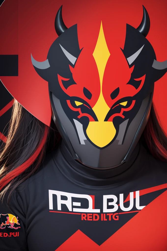 Make a shield with red and black colors in png with the word RED BULL with the year 2024 and a buffalo