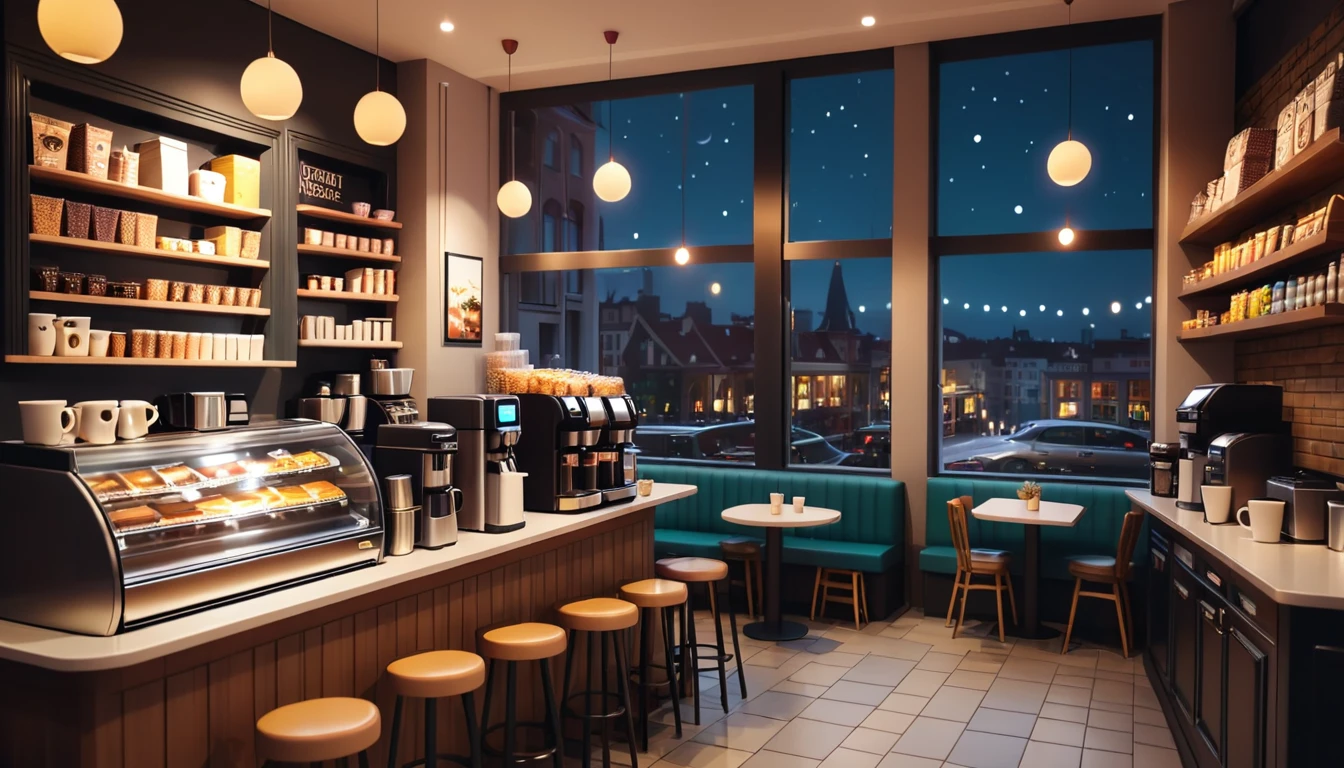a cozy night time at a coffe interior with cozy lighting and sweets in the shelves. There are coffee cups in the tables. a cash machine and a coffee maker machine in the counter,There is a big window in the middle of the coffeeshop and the outside view is the city at night