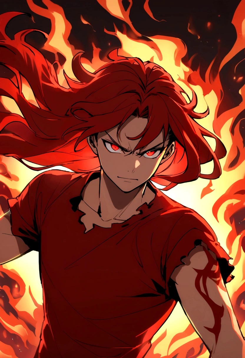 Teenage boy, serious face, Simple smile, raised hair, long hair, bright fiery hair, bright light red eyes, short sleeve ripped red shirt, red tattoos on body, intense fire aura