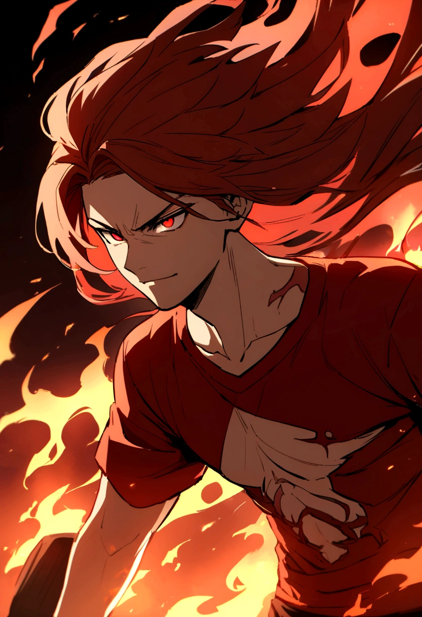 age boy, serious face, Simple smile, raised hair, long hair, bright fiery hair, bright light red eyes, short sleeve ripped red shirt, red tattoos on body, intense fire aura
