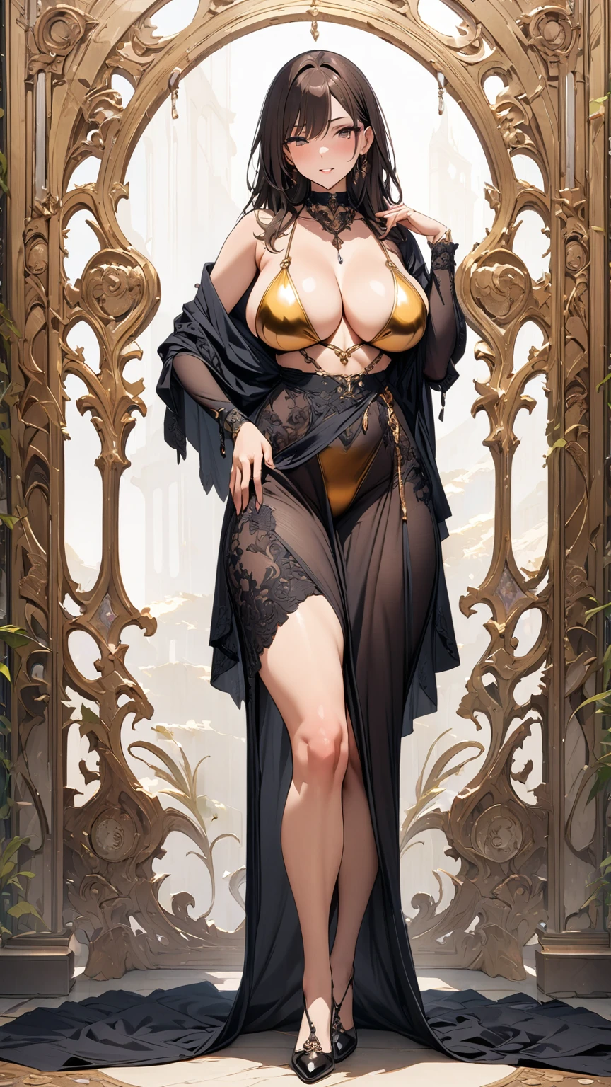 (masterpiece, best quality:1.4), absurdres, highres, high resolution, very aesthetic, detailed, ultra detailed, extremely detailed, insanely detailed, 8k wallpaper, official art, 1girl, solo, milf, mature female, (tall:1.5), thicc, standing, full body, gold bikini, brown long hair, looking at viewer, white background, simple background