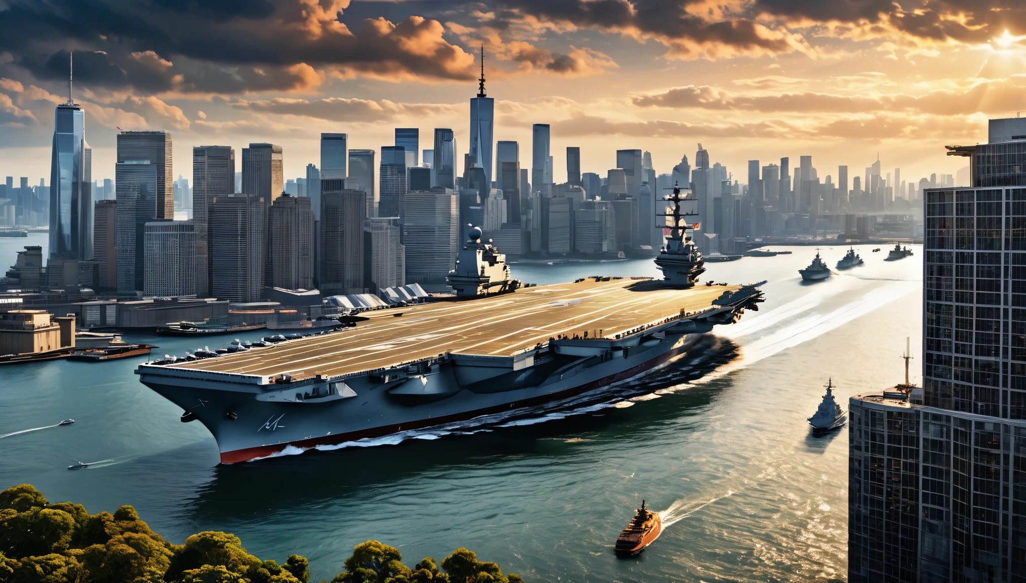 an aircraft carrier docked in a busy harbor,skyscrapers and urban skyline in the background,realistic,photorealistic,photo-realistic:1.37,best quality,4k,8k,highres,masterpiece:1.2,ultra-detailed,dramatic lighting,cinematic composition,epic scale,extremely detailed ship and architecture,highly detailed water reflections,intricate details in the cityscape,dramatic clouds,vibrant colors,stunning aerial perspective