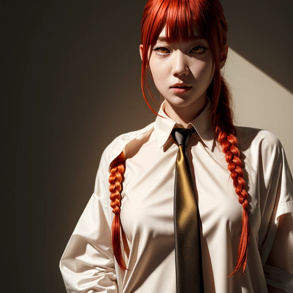 masterpiece, (photorealistic:1.4), best quality, beautiful lighting,
(ulzzang-6500:0.5), makima \(chainsaw man\), (red hair)+(long braided hair)+(bangs), yellow eyes, golden eyes, ((ringed eyes)), (white shirt), (necktie),
RAW photo, 8k uhd, film grain