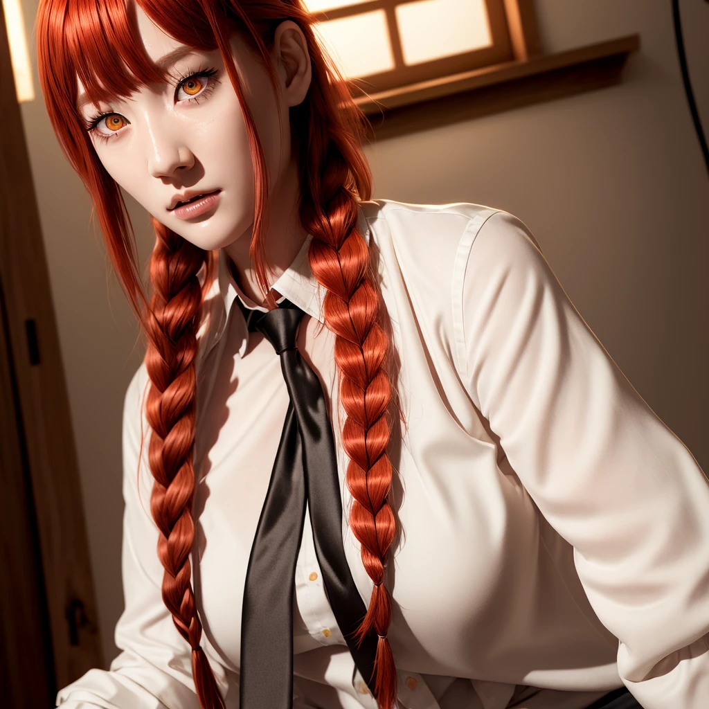 masterpiece, (photorealistic:1.4), best quality, beautiful lighting,
(ulzzang-6500:0.5), makima \(chainsaw man\), (red hair)+(long braided hair)+(bangs), yellow eyes, golden eyes, ((ringed eyes)), (white shirt), (necktie),
RAW photo, 8k uhd, film grain