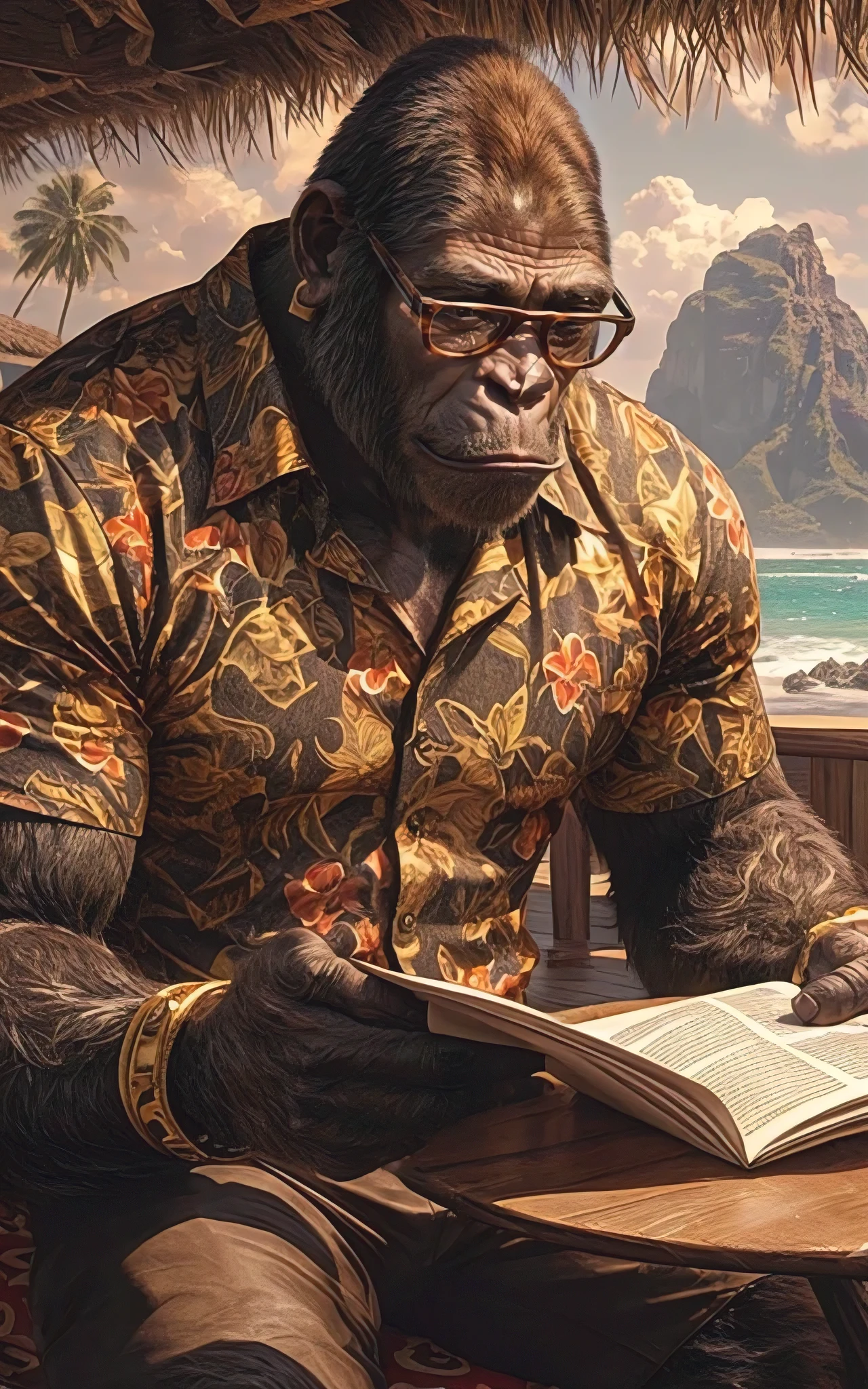 (best quality,4k,8k,highres,masterpiece:1.2),ultra-detailed,(realistic,photorealistic,photo-realistic:1.37), best illustration by artgerm and gerald brom, humanoid gorilla, hawaiian shirt, breakfast at a cafe near a beach, reading the newspaper, glasses, highly detailed, high definition, elaborate details, photorealistic