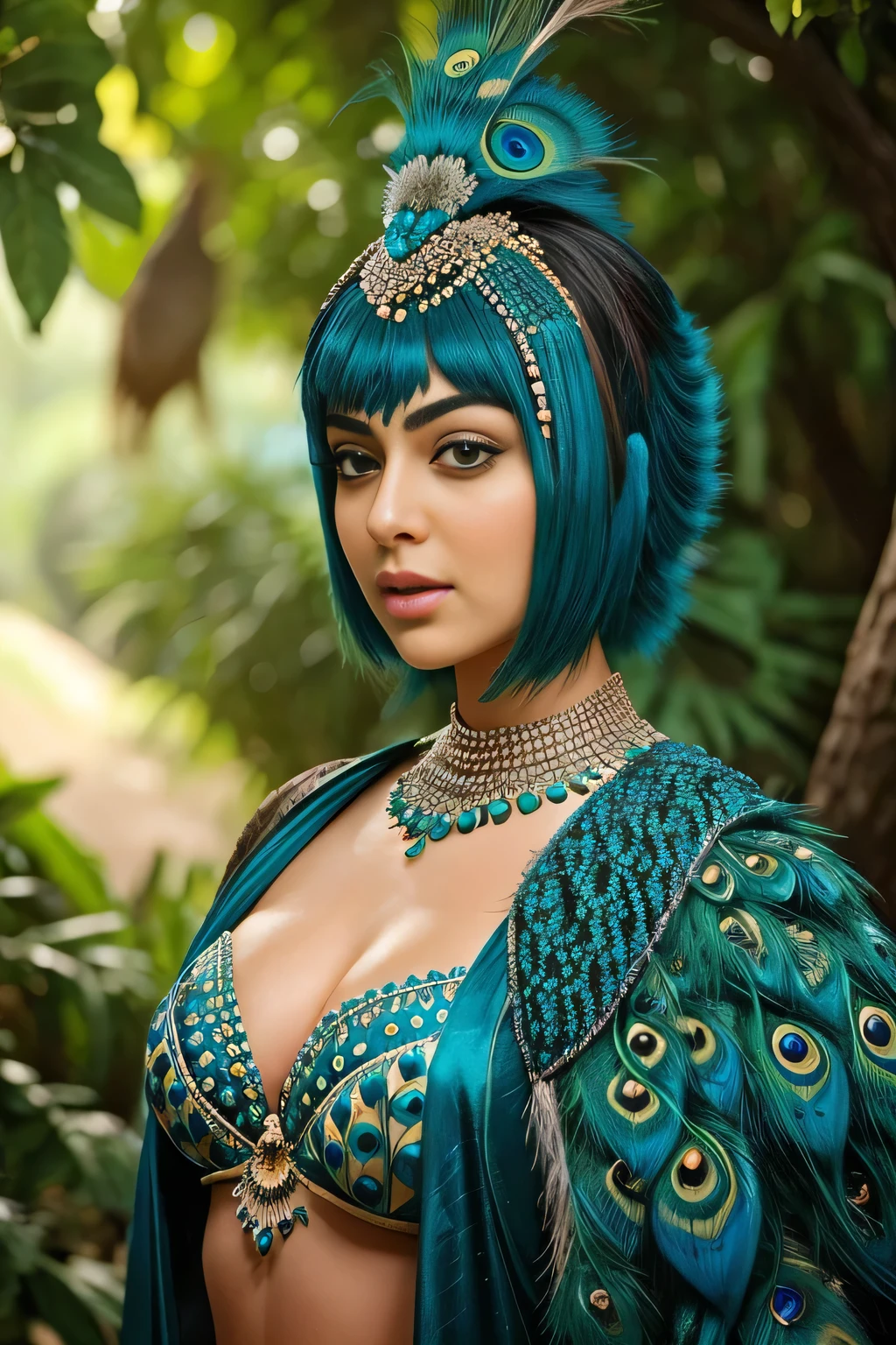 Hansika Motwani is a peafowl, she is real peafowl Bird. Mutant peafowl. peafowl transformation. peafowl body with  female head. She is a bird. Real bird. Head with bird body. Create this beautiful creature. Real face. realistic head replace with peafowl head.  Woman head replace with peafowl head.