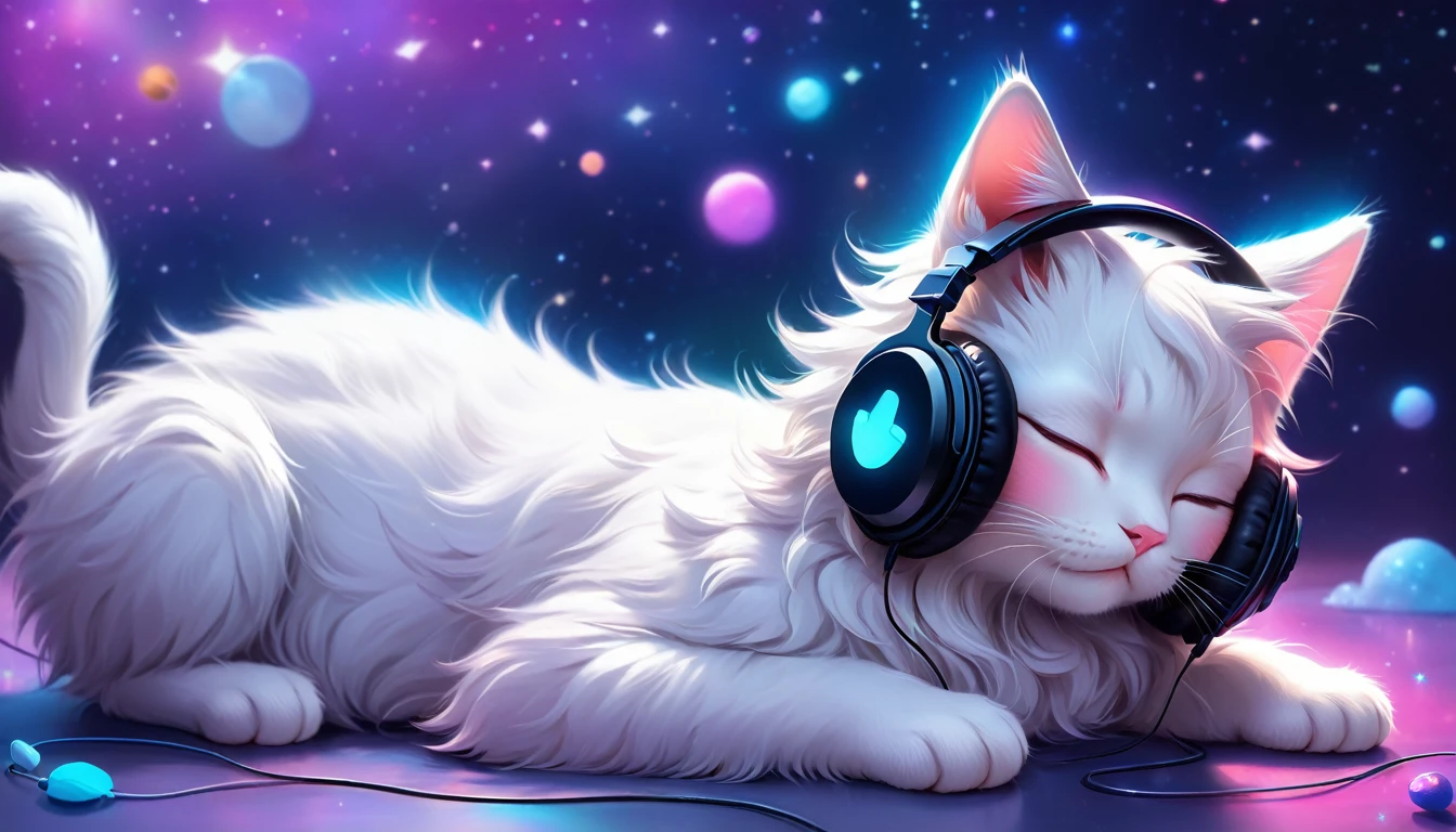 ((Woman)) wearing(( earphones)),(( so long hair volume glowing)) , (( Winter Sleep Suitcat)), ((body spot )),floating in space, Fluffy , Serenity, ((full body shot)), dreamy glow, glowing neon, blacklight, chemiluminescence