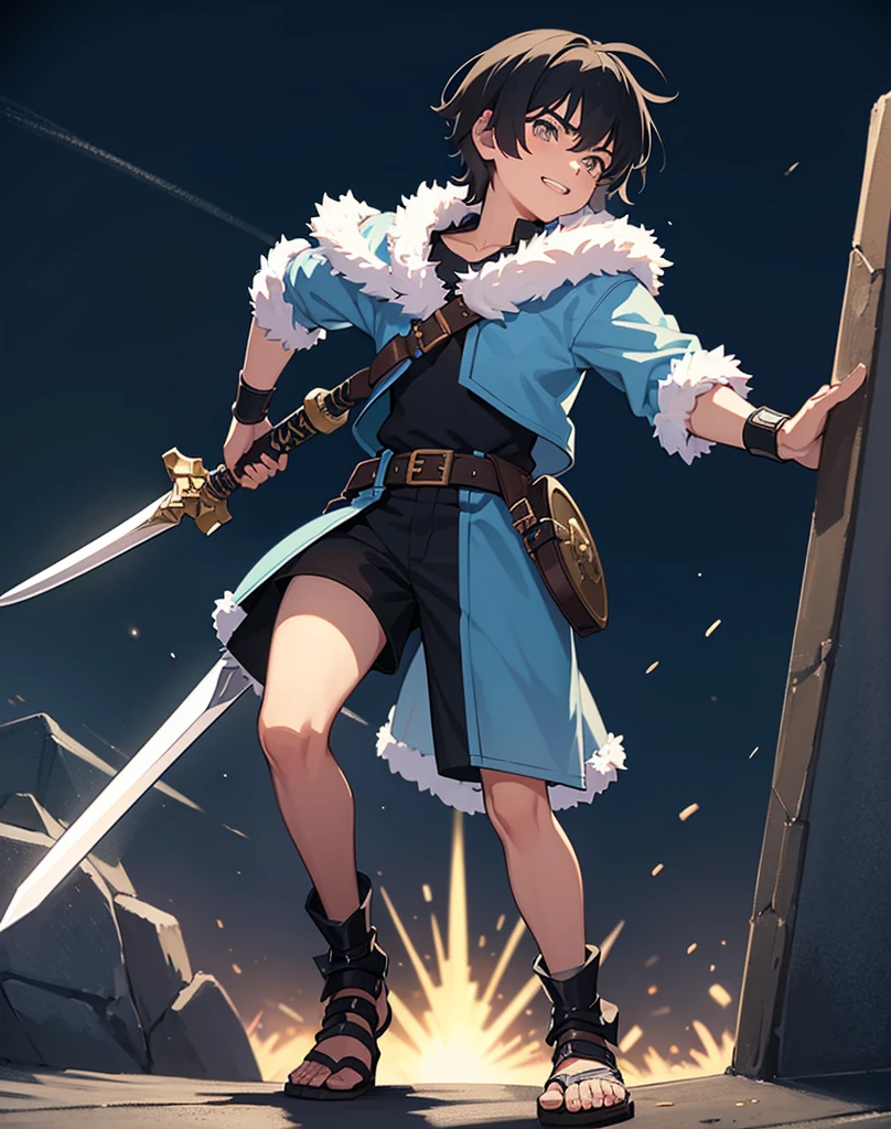 Young -yeld boith black hair and brown eyes, innocent and happy, dressed in short neon-blue medieval barbarian clothes, fur shorts, light-blue battle armor, weilding silver sword and shield, sandals; fullbody; short hair, boyish athletic, sexy, medieval background