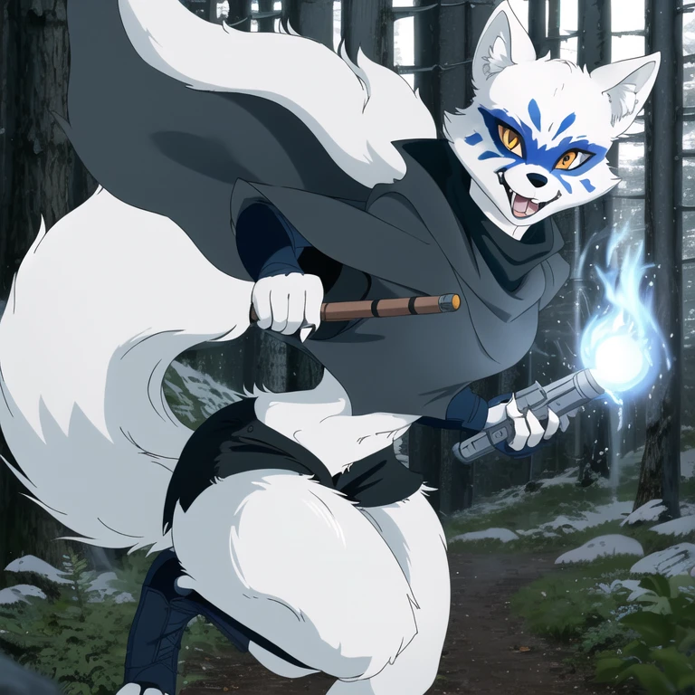 Alopex, arctic fox, furry, blue marks eye, tmnt,orange eyes, girl1, solo, park, forest, cape, black shirt, black shorts, action shot of breathtaking, facial mark, fox claws, white sights, fangs, professional, highly detailed. Movement, energy, dynamic, intense, best quality