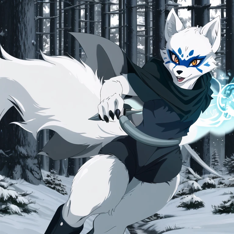 Alopex, arctic fox, furry, blue marks eye, tmnt,orange eyes, girl1, solo, park, forest, cape, black shirt, black shorts, action shot of breathtaking, facial mark, fox claws, white sights, fangs, professional, highly detailed. Movement, energy, dynamic, intense, best quality 