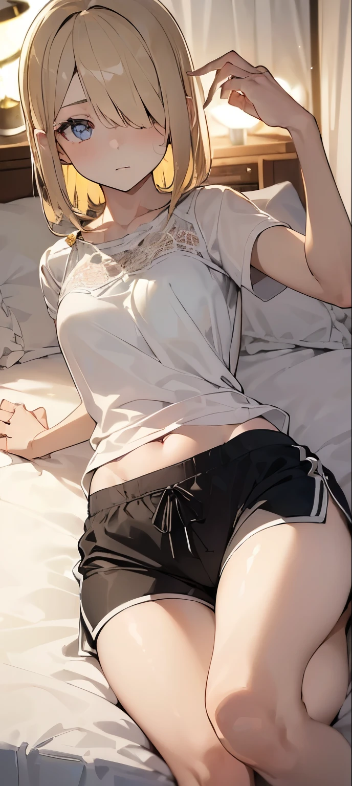 ①morning,(lighting forward:1.9) .
②:Highest quality, Anime Moe Art Style,最高のアニメ8Kこなちゃんの壁紙,pixiv Contest Winner,Perfect Anatomy, Very detailed,High resolution,Very detailed肌, Professional Lighting,8K ,
③:(One Girl:1.5),(loli:1.2),(alone,:1.8),high school studehort hair:1.3), (straight hair:1.6),(normal breasts),(hair over one eye:1.8),(light blonde hair:1.8),Complete limbs,Full Finger, blue red gradation eyes, hairpin, beautiful detailed eyes, (pale skin:1.5),tareme,sparkling pupils,
④:shoot from above,(close up:1.5),
⑤:(white frill bra),(black sports shorts:1.Tying with a string)Selfie),barefoot,
⑥:bed,on stomach, (lying)
⑦:(indoor),(Cute Girl's Room:1.4),(Instagrammable fashion photo corner:1.2),(unique framed statement mirror:1.4),
(fashion runway style rug:1.2),(Customized closet filled with trendy clothes:1.2),(Fashion Magazines:1.2),
(Cute decoration:1.4),(chic lighting fixtures:1.4),(Specialized area for fashion accessories:1.3),(高级饰品:1.2),(Plenty of storage for shoes and accessories:1.2),(bed:1.5)