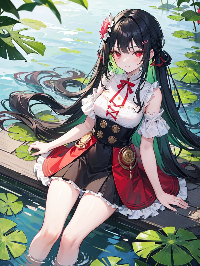 , red eyes, long wavy curry half black and green hair, . Wear a flower-shaped hairpin on only one side. Her hair is tied on the side. noble western castle. arrogant kid sadistic smile. noble lady. background in lake water lily. she just a kear western outfit.