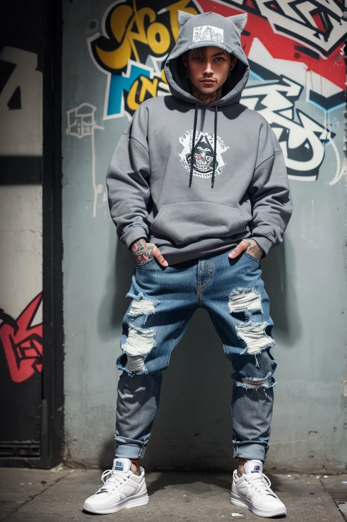 Cool and trendy cat, Gray Hair, blue eyes, Wear trendy hip hop clothes, Wearing a hoodie, Graphic t-shirt and ripped jeans, Lots of tattoos and piercings, Graffiti style background, Highly detailed background　