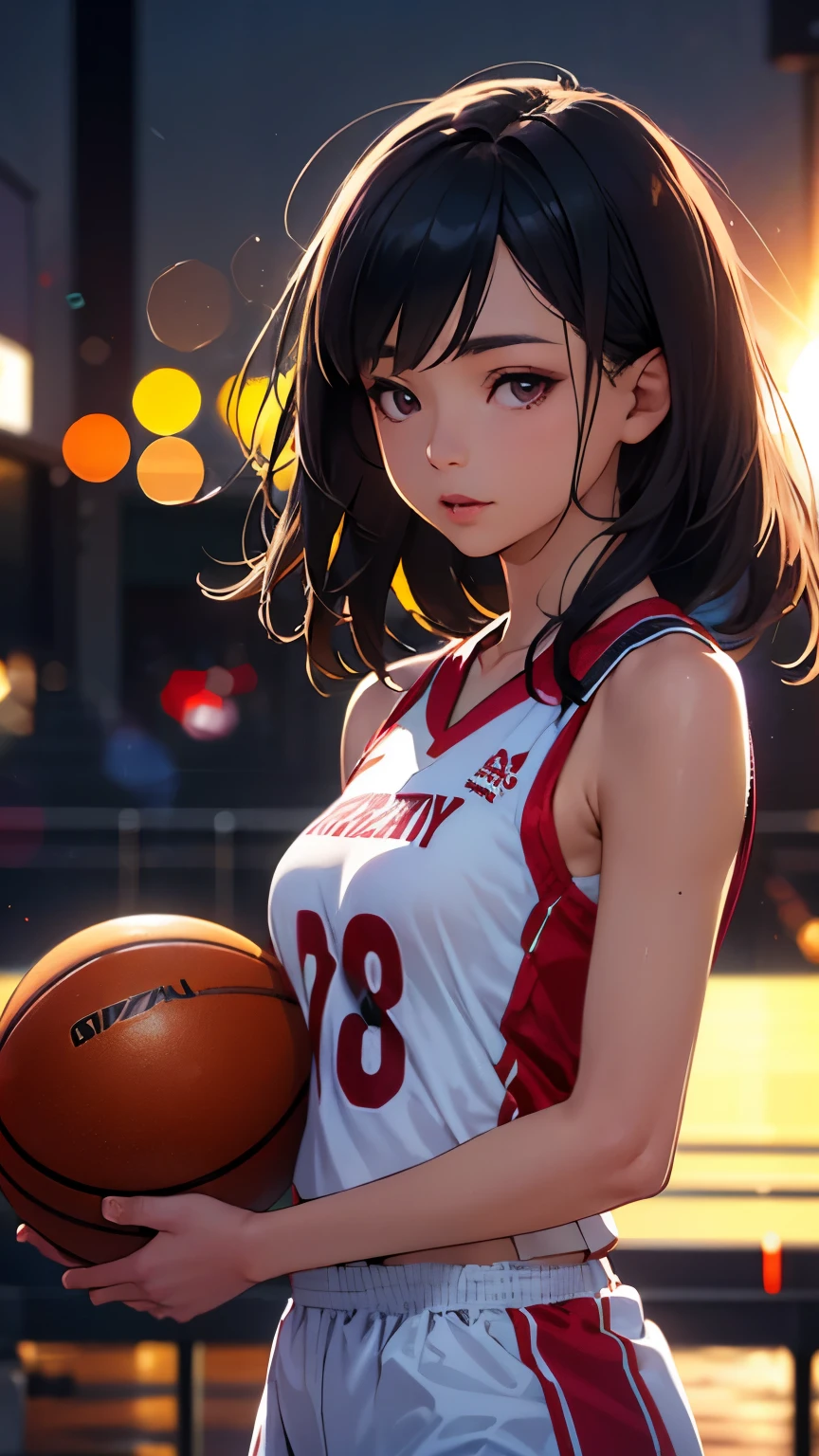 (8K, Highest quality, masterpiece:1.2), (Realistic, photo-Realistic:1.37), Super detailed,Highest quality, Ultra-high resolution, Professional Lighting, Photon Mapping, Radio City, Physically Based Rendering, Cinema Lighting, Basketball court,Depth of written boundary, Sharp focus,Sunbeam, Good composition,(Bokeh:1.2) One girl,alone,(whole body), (Mouth closed), Fine grain, Pause, Tight waist,Basketball Uniforms, Black Hair,Messy Hair,Long hair blowing in the wind,(Urzan-6500:1.2),  Mix 4, Hello