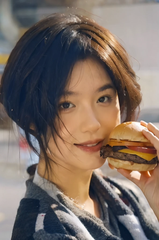 Eating a burger , portrait, long hair , very detailed