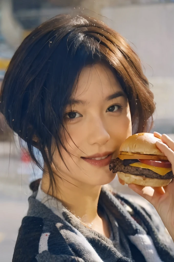 Eating a burger , portrait, long hair , very detailed