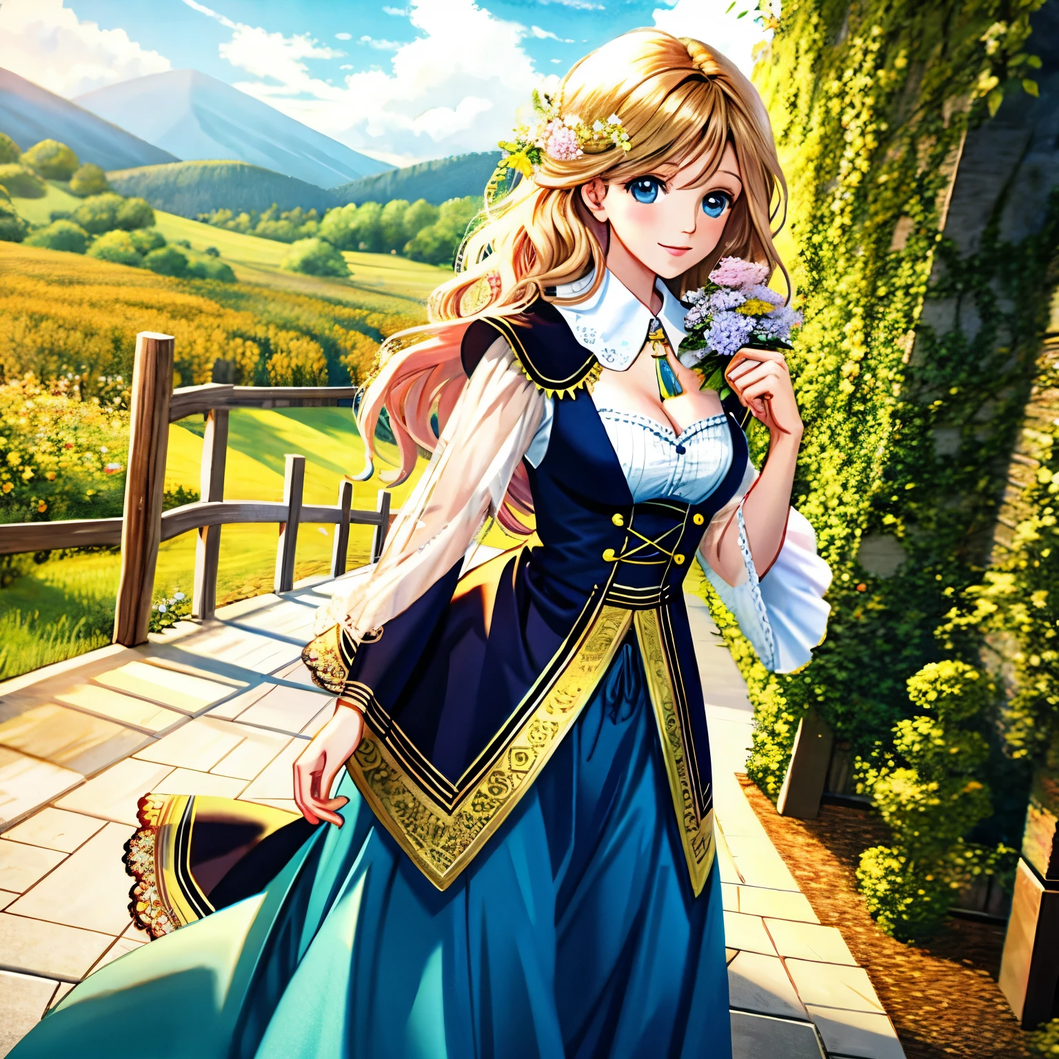 Illustration Enhancement: (masterpiece, best quality), (ultra-detailed), super high resolution, (Top Quality photorealistic Illustration), (Super Definition), (cute illustration:1.3), (high Saturation:1.2), detailed beautiful face and eyes, (an extremely delicate and beautiful), (nice hands, perfect hands), (appropriate posture), (appropriate configuration), ideal ratio body proportions BREAK
Theme: Meeting a beautiful person、Increased chances of staying together forever、Peace and tranquility、Improving living standards、BREAK Number of Characters Blessings and Protection of Prosperity: 1 (ultra-ultimate beautiful) BREAK
Facial Details: Expression of kindness and intelligence, bright smile BREAK
Details of Movement: Light steps, graceful posture BREAK
Emotions: Sense of happiness, sense of security BREAK
Perspective: Slightly upward angle from the front BREAK
Composition: The woman is placed in the center, surrounded by elements that harmonize with nature BREAK
Background Details: Quiet lakeside, mountains in the distance, a thin cloud in the sky BREAK
Costume Details: Elegant dress, light colors, simple yet detailed BREAK
Body Type: Cleavage, waist, feminine curves BREAK
Wings, Horns, Tail: None BREAK
Hair Style and Color: Long flowing hair, natural brown BREAK
Accessories: Small bouquet of flowers BREAK
Weapons: None BREAK
Light and Shadow: Soft sunlight, gently illuminating the woman BREAK
Colors: Gold, blue, green, light blue, yellow, Silver, deep red, pink, wine red, dark brown, light purple BREAK
Illustration Size: 768x768 BREAK
Illustration Atmosphere: Watercolor style BREAK
Other: None BREAK
Worldview: A peaceful world where reality and fantasy intersect BREAK
Style: Realistic yet dreamlike atmosphere BREAK
Power Words: 'Happiness', 'Harmony', 'Beauty', 'Prosperity' BREAK
Image Quality: absurdres, highest quality, realistic, hyper-real, ultra-detailed illustration BREAK
Resolution: 8K, super high resolution: 1.2