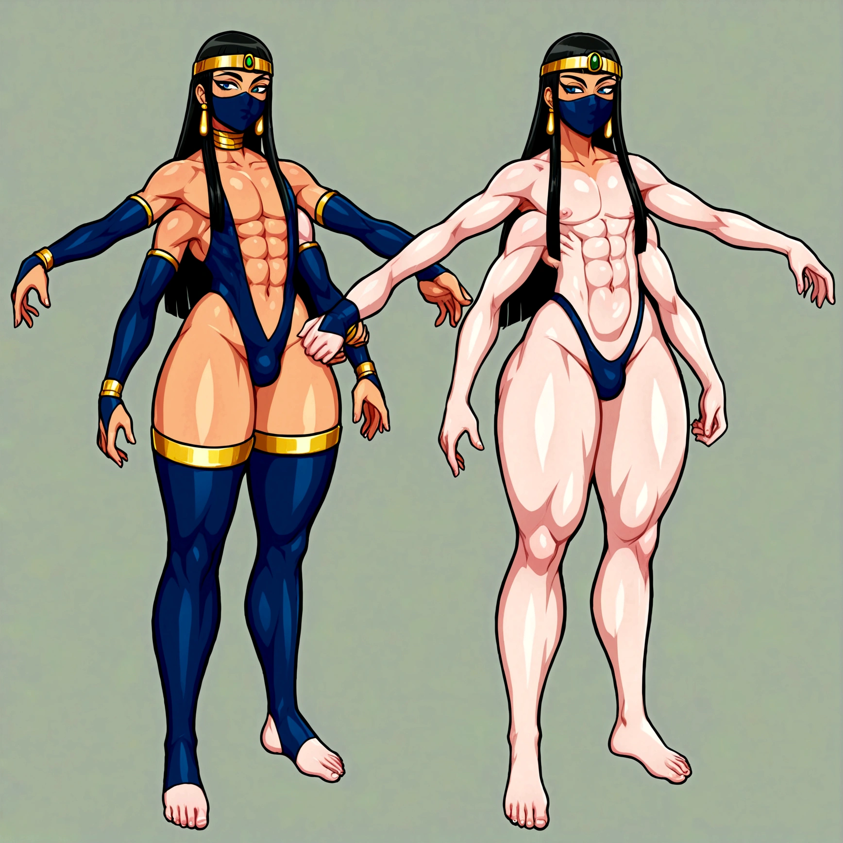 Ninja femboy, gigantic muscuar body, fair skin, ninja mask, cleopatra long hair, 4 arms full body.