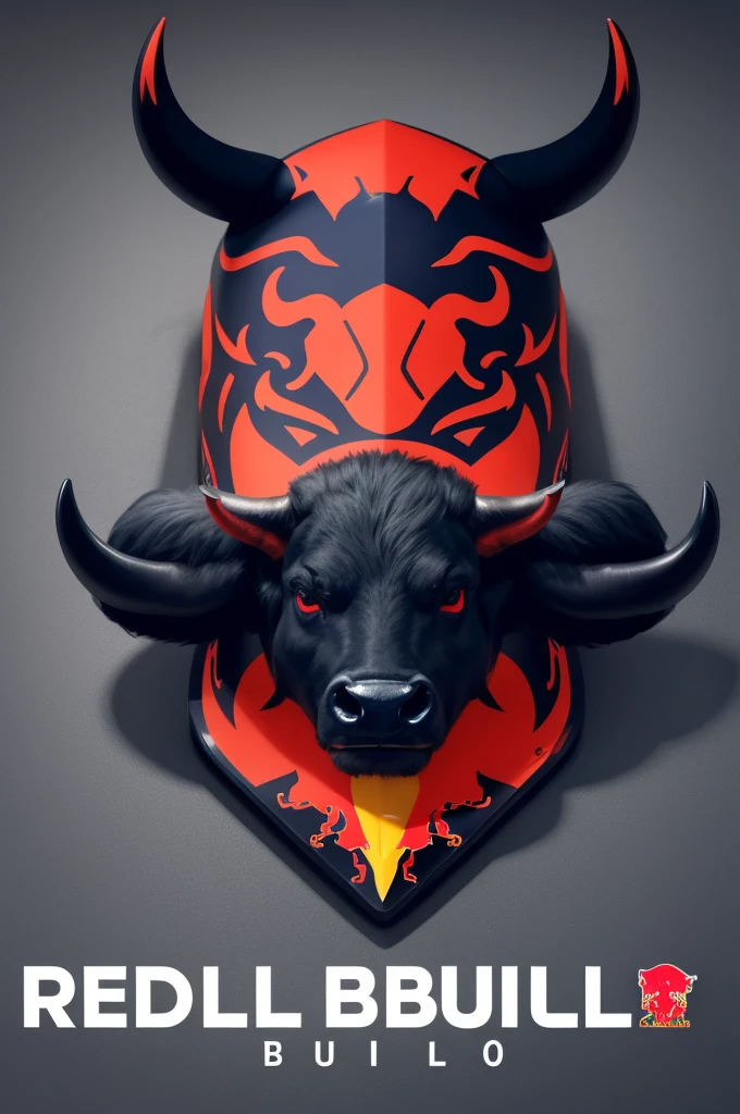 Make a logo with the word RED BULL with the year 2024 with the colors black and red and a buffalo