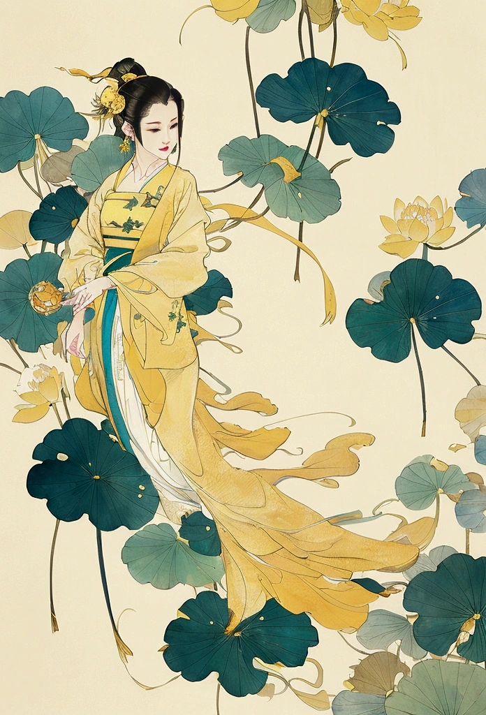Ink and brushwork style,Lotus,Lotus Leaf,Yellow and blue color scheme,Simple lines,Hand Painted,HD details,White background,Painting on rice paper,HD 8k
